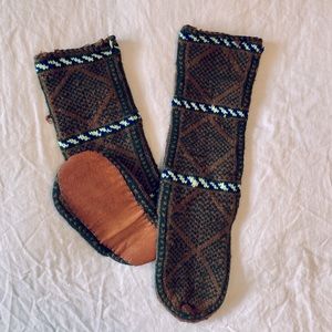 Vintage Handmade Wool Reading Slippers W Leather